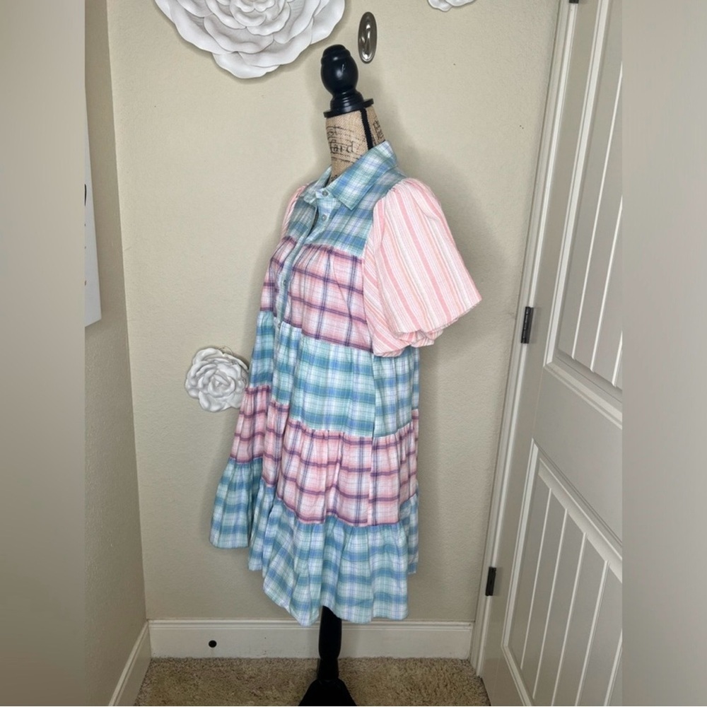 NTM: Entro Bubble Sleeve Blue, Green, Pink & White Plaid Lined Mini Dress Sz L - Picture 7 of 14